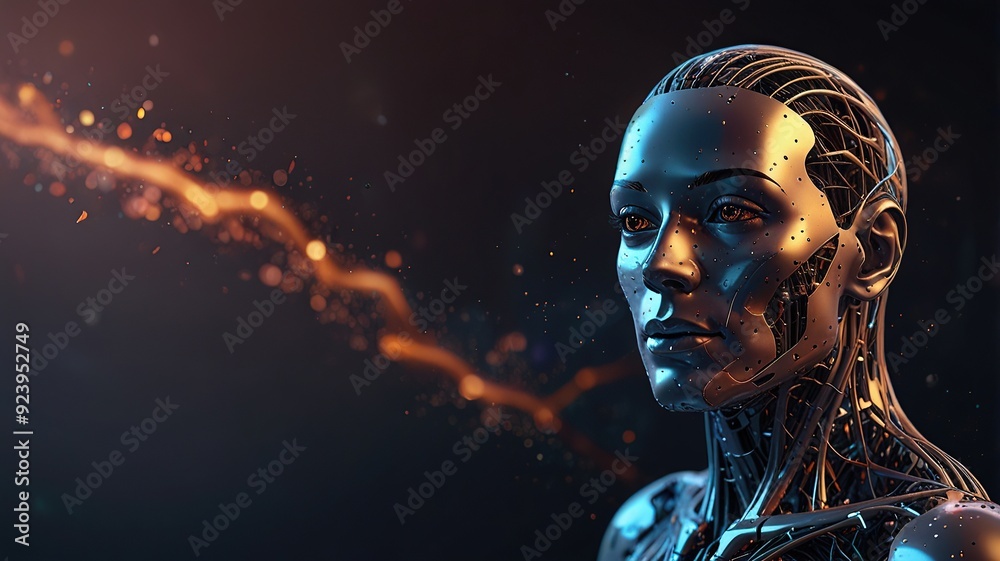 Free Photo New 3d rendering ai Robot Face working with future digital graphic interface on dark background
