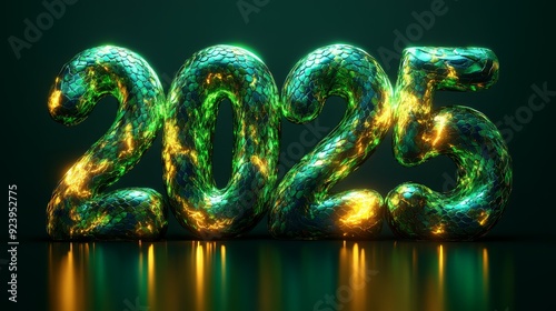 A creative and modern rendering of a futuristic snake intertwined with the numbers 2025 using neon green and gold tones perfect for hightech and innovationthemed projects photo