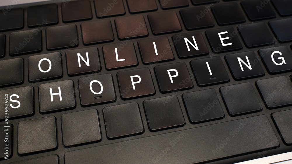 Online Shopping Concept: Keyboard with 'ONLINE SHOPPING' Text on Keys, E-commerce and Digital Retail Technology, Close-up View of Computer Hardware