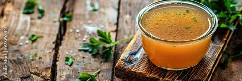 Homemade chicken soup or bone broth in a glass jar on a weathered wooden tabletop.
