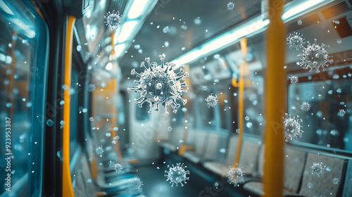  Vivid textured depiction of virus particles in public transportation setting, emphasizing health safety and pandemic awareness photo