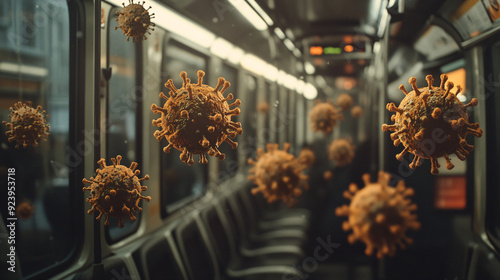  Vivid textured depiction of virus particles in public transportation setting, emphasizing health safety and pandemic awareness photo