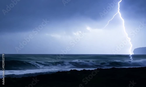 3d view of a powerful lightning strike in the ocean