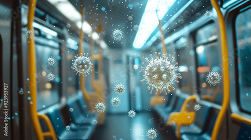  Vivid textured depiction of virus particles in public transportation setting, emphasizing health safety and pandemic awareness photo