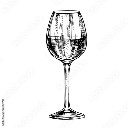 A glass of wine. Vector graphics, black and white hand-drawn illustration. Isolate on a white background. For packages and labels. For banners and posters. For the menu of restaurants and bars.
