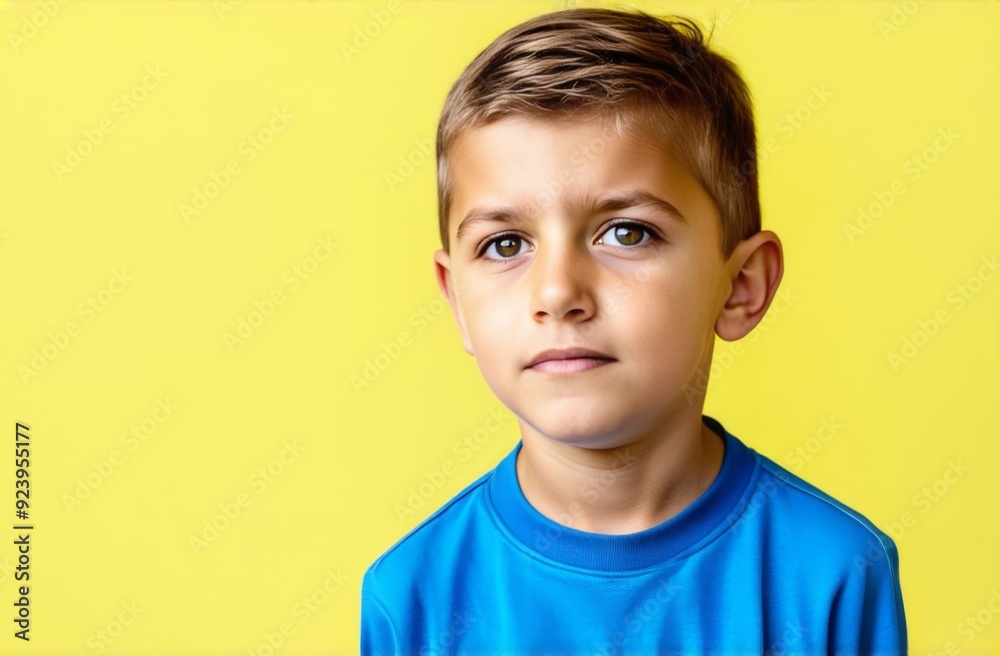 Cute little boy looking at the camera with a very upset expression on his face. Almost crying. Yellow background Cute little boy looking at the camera with a very upset expression on his face. Almost crying. Yellow background
