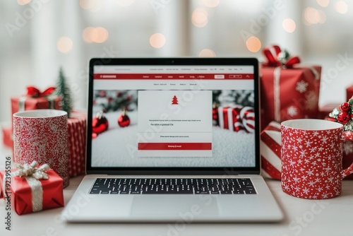 An open laptop displaying a  Holiday Deals  webpage, surrounded by wrapped gifts and festive coffee mugs Online Christmas shopping, holiday ecommerce bargains photo