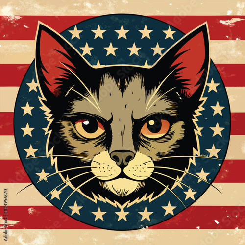 Retro Americana: Cat with Distressed Flag Design vector- Download Premium EPS File