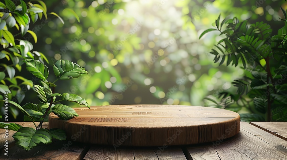 Simple wooden podium, with trees and nature in the background Simple wooden podium, with trees and nature in the background