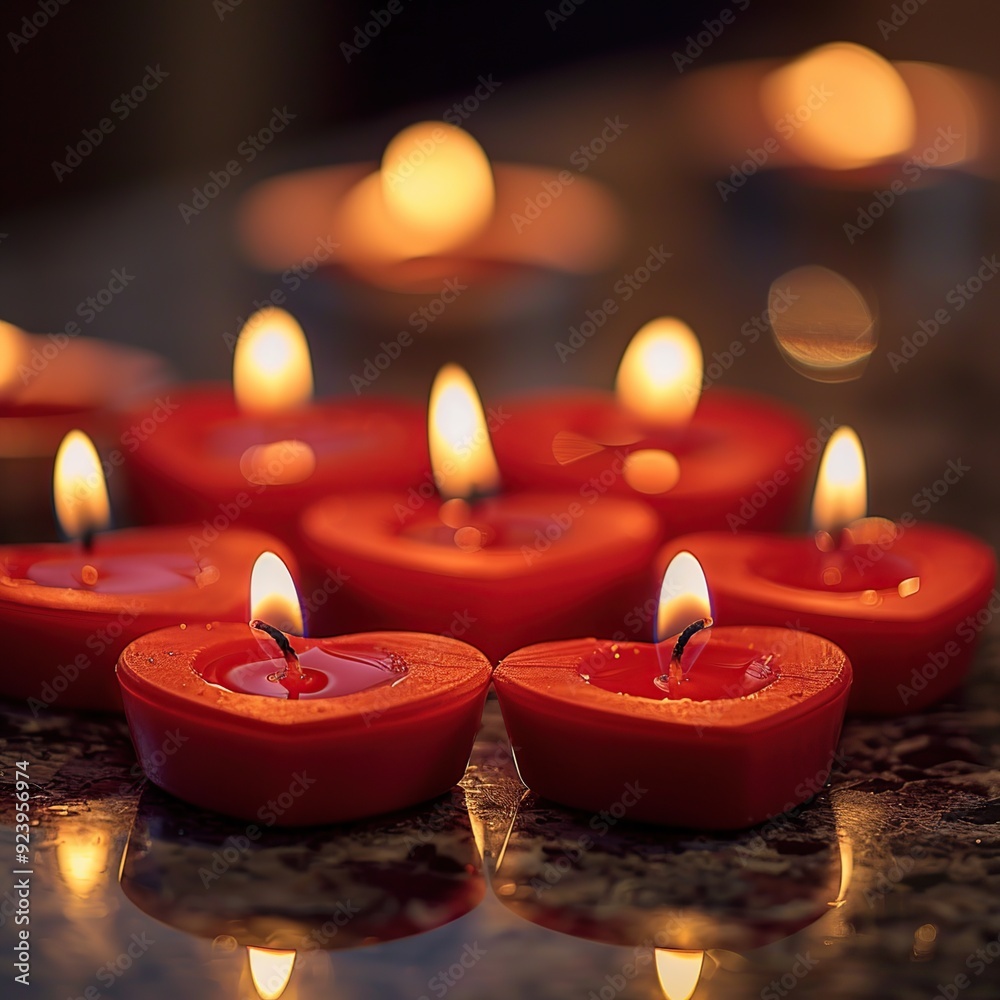 Bunch of Red Love Heart Shaped Candles Arranged in a Circle, Emitting a Soft, Romantic Bunch of Red Love Heart Shaped Candles Arranged in a Circle, Emitting a Soft, Romantic