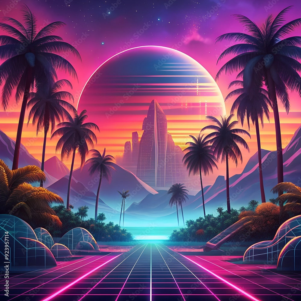 Naklejka premium Futuristic tropical landscape with palm trees, a grid-like path, and a sci-fi cityscape under a large, glowing moon. Vibrant colors and a retro wave aesthetic dominate the scene