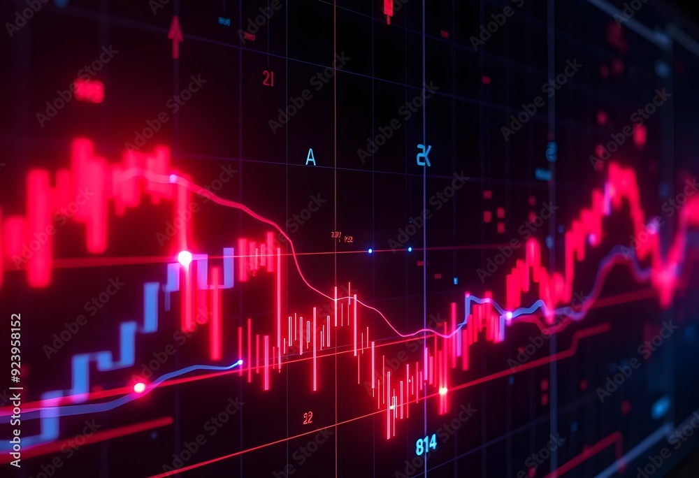 A stock market chart with candlestick patterns and technical indicators displayed on a dark background with neon-colored lines and lights