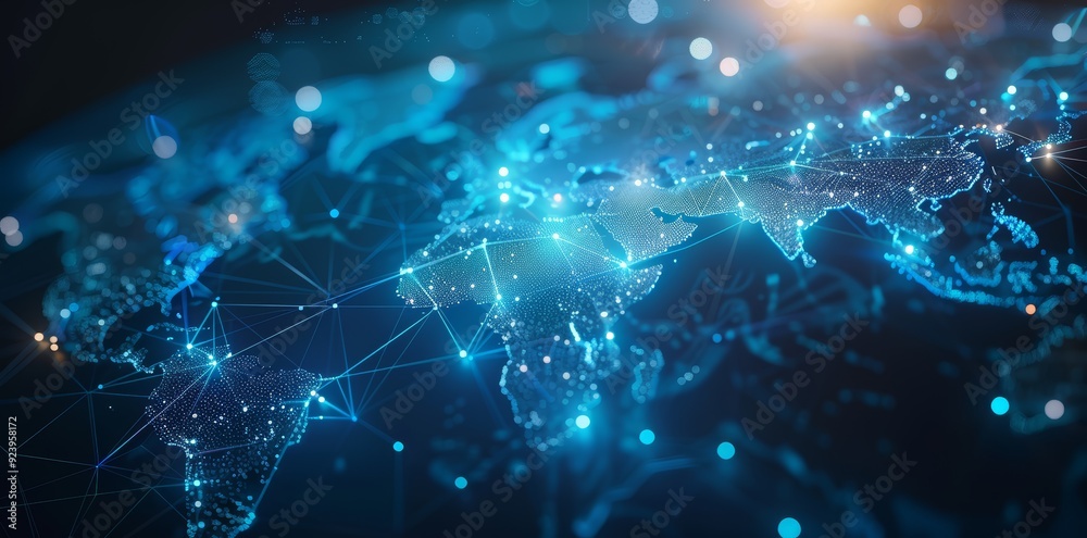 Global Network Connectivity on Digital World Map A digital representation of a world map with glowing network connections, symbolizing global communication and data exchange.