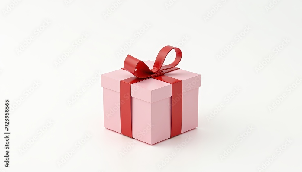 A pink gift box with a red ribbon neatly tied in a bow on a white background. A pink gift box with a red ribbon neatly tied in a bow on a white background.