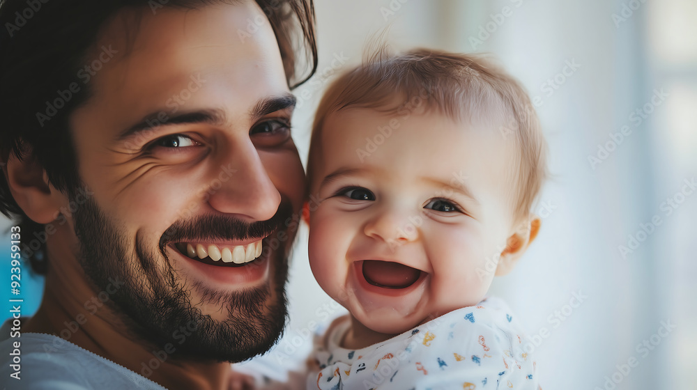 handsome man smiles while holding his baby, both laughing and looking at the camera handsome man smiles while holding his baby, both laughing and looking at the camera
