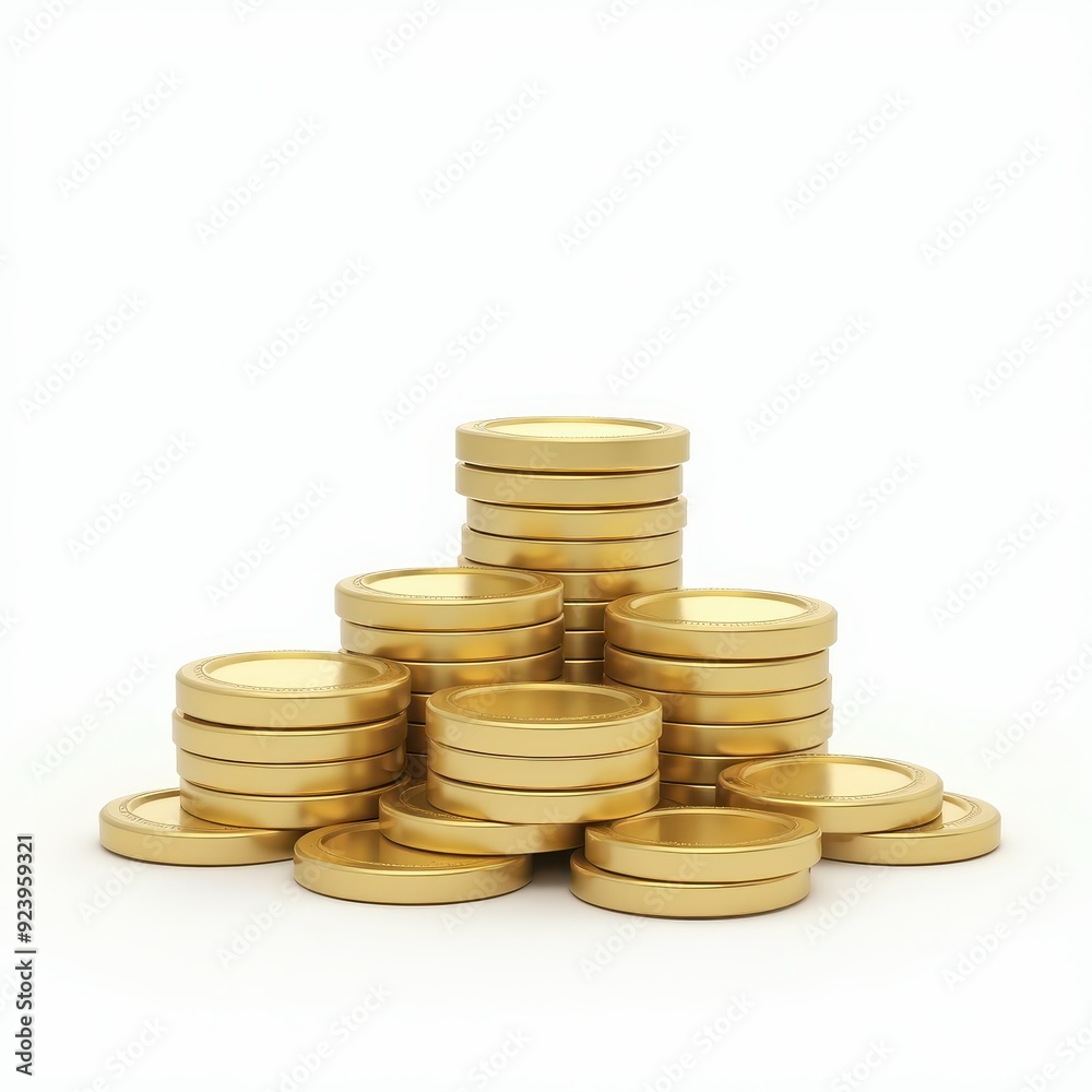 Stacked gold coins arranged in a pyramid shape on a white background. Stacked gold coins arranged in a pyramid shape on a white background.