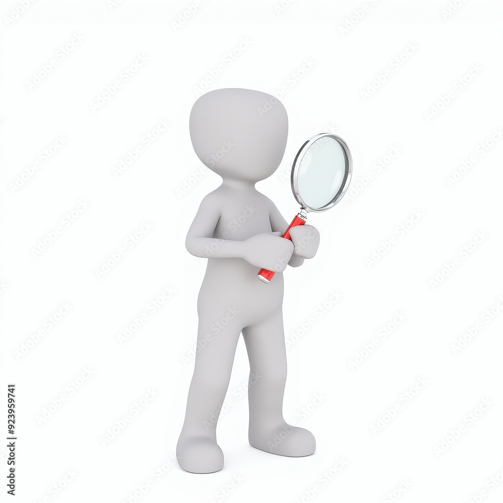 3D-illustration of a simple humanoid figure holding a magnifying glass in a white background. 3D-illustration of a simple humanoid figure holding a magnifying glass in a white background.