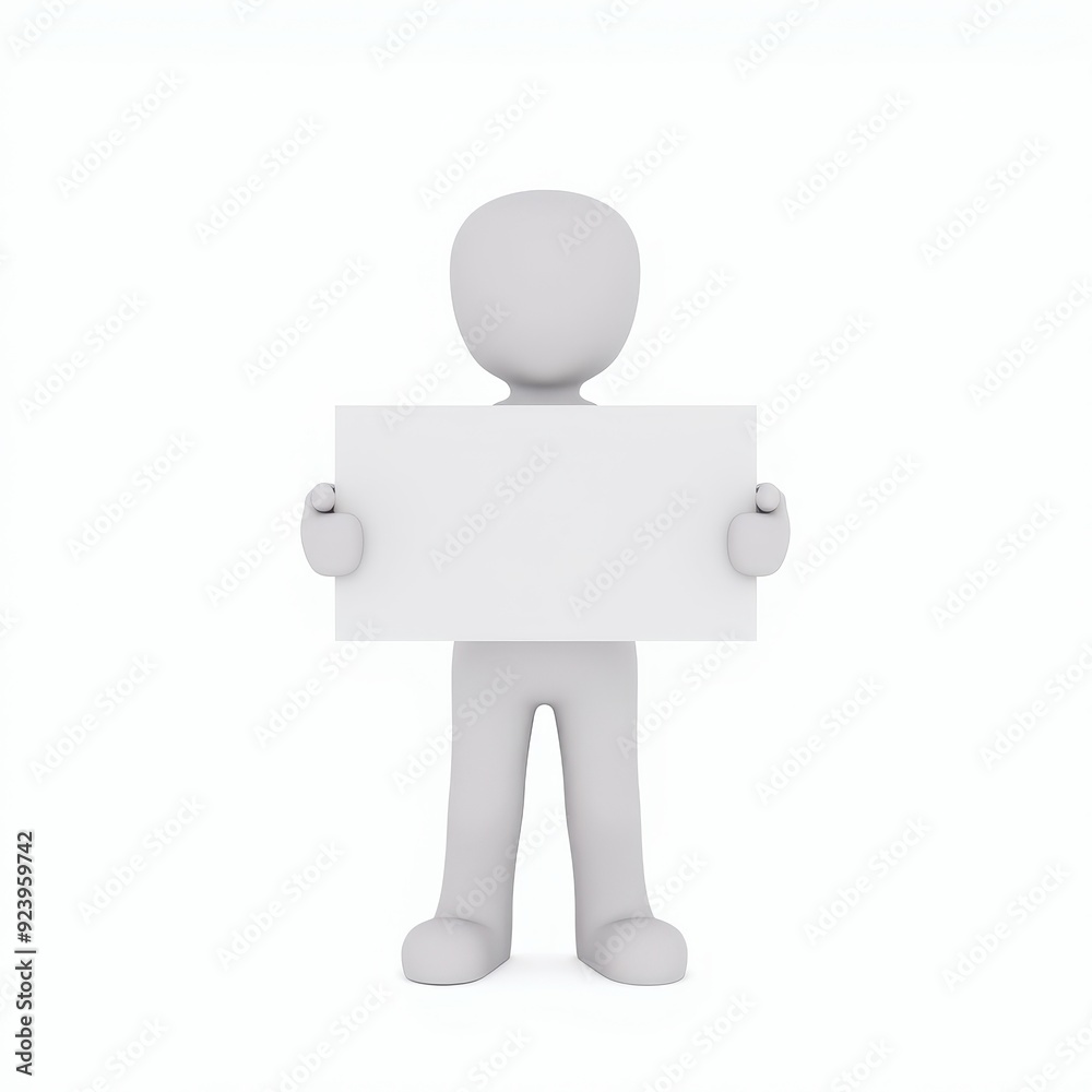3D humanoid figure holding a blank rectangular sign with both hands against a white background. 3D humanoid figure holding a blank rectangular sign with both hands against a white background.