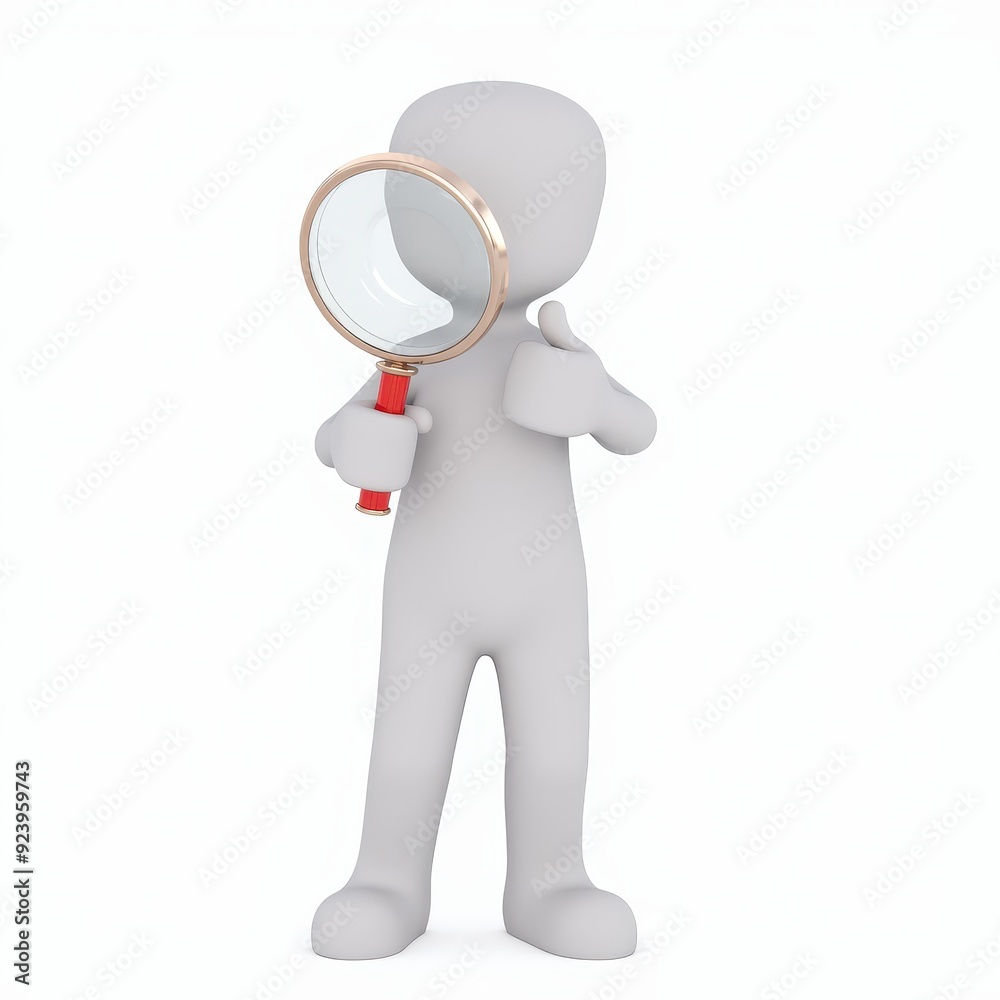 3D figure with a magnifying glass giving a thumbs-up gesture on a white background. 3D figure with a magnifying glass giving a thumbs-up gesture on a white background.