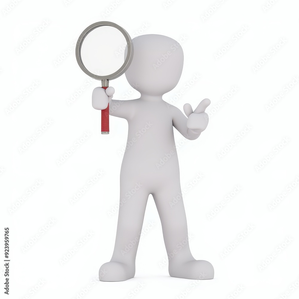 3D figure holding a magnifying glass in one hand and pointing with the other on a plain background. 3D figure holding a magnifying glass in one hand and pointing with the other on a plain background.