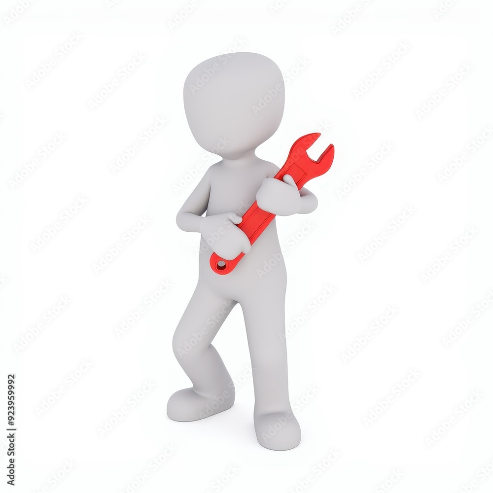 3D figure holding a red wrench against a plain background. 3D figure holding a red wrench against a plain background.