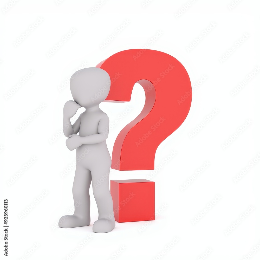 3D figure pondering beside a large red question mark on a white background. 3D figure pondering beside a large red question mark on a white background.