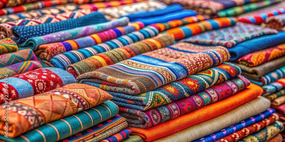 A Colorful Stack of Fabric Rolls in a Market, Fabric, Textile, Pattern, Market A Colorful Stack of Fabric Rolls in a Market, Fabric, Textile, Pattern, Market