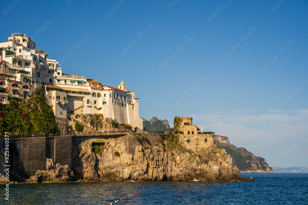 Scenic Coastal View of Amalfi Buildings on Rocky Cliffside, Italy, Europe