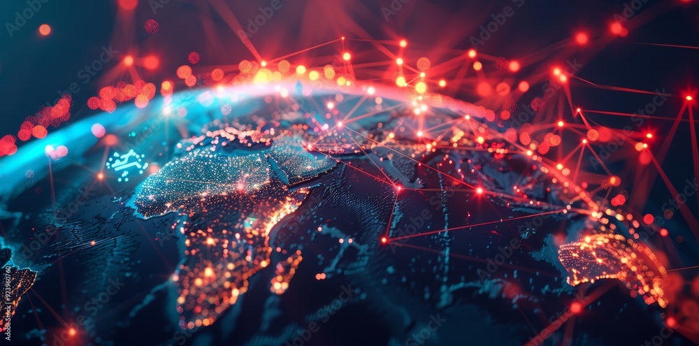Global Network Connectivity on Digital World Map A digital representation of a world map with glowing network connections, symbolizing global communication and data exchange.