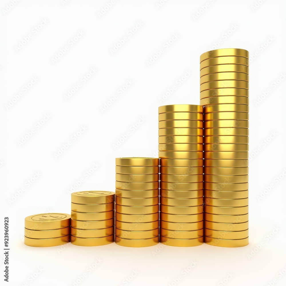 Stacks of gold coins arranged in ascending order against a white background. Stacks of gold coins arranged in ascending order against a white background.