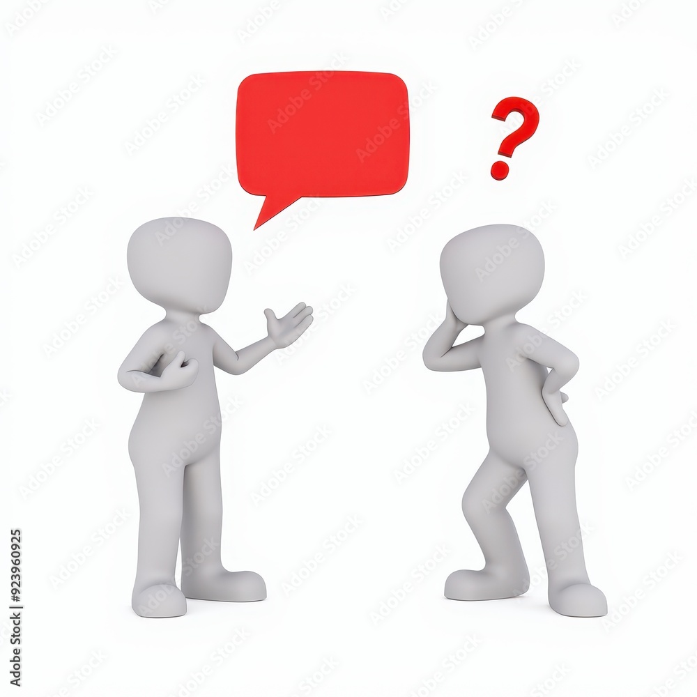 3D illustration of two abstract figures having a conversation with one confused and a red speech bubble above them. 3D illustration of two abstract figures having a conversation with one confused and a red speech bubble above them.
