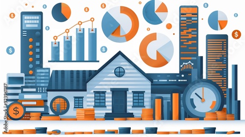 Economic analysis design featuring loans, mortgages, and banking elements, perfect for creating professional visuals related to financial management and economic trends. high resolution Illustration,