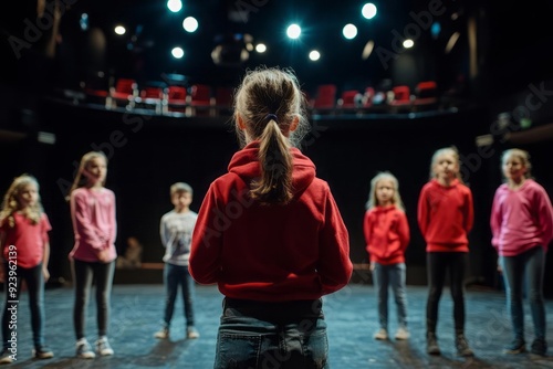 Children theater, with young actors practicing their lines and movements under the guidance of a supportive director