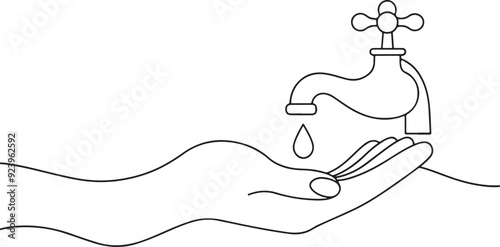 
hand holding a faucet continuous one line art drawing, vector illustration
