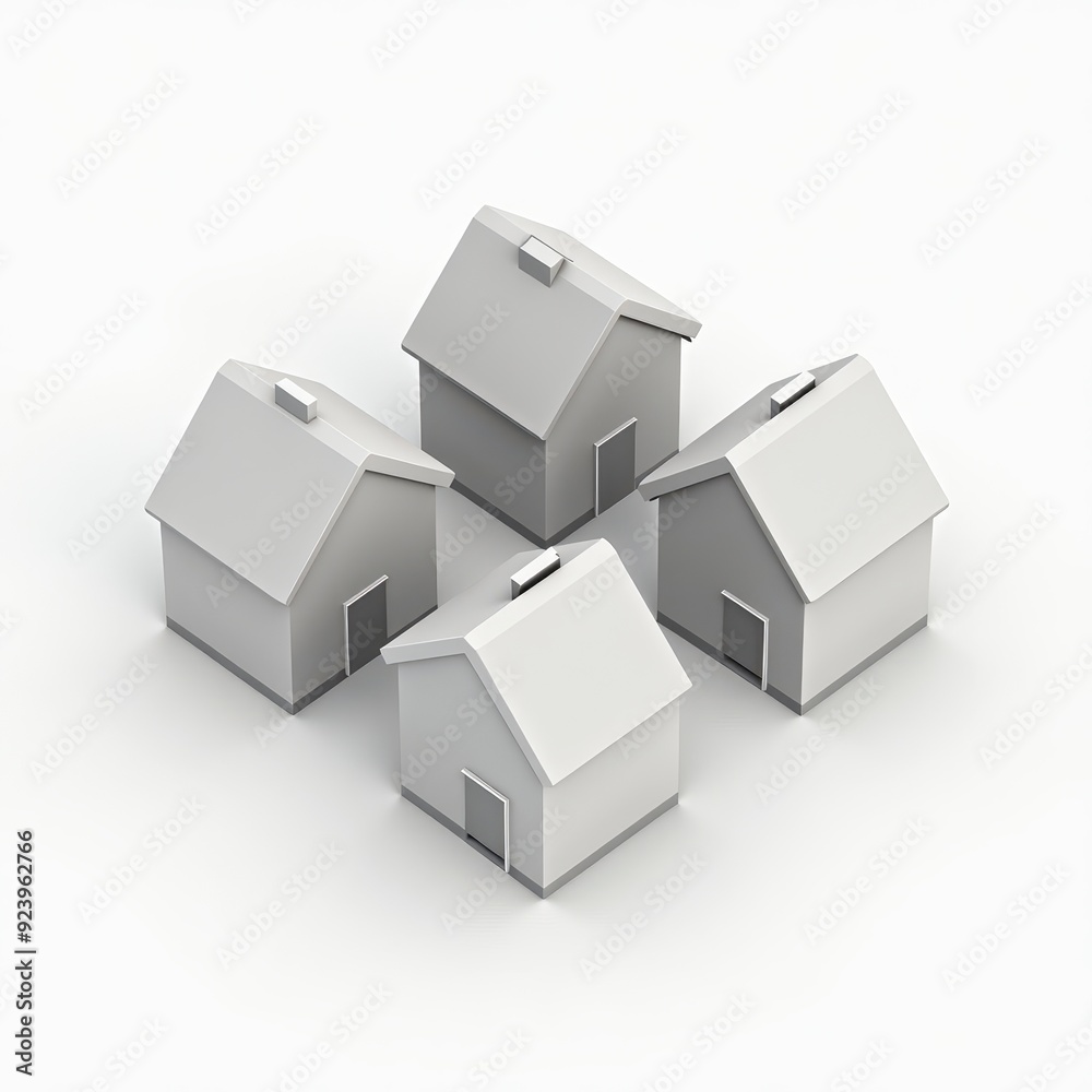 Minimalistic 3D render of four white houses clustered together on a white background. Minimalistic 3D render of four white houses clustered together on a white background.