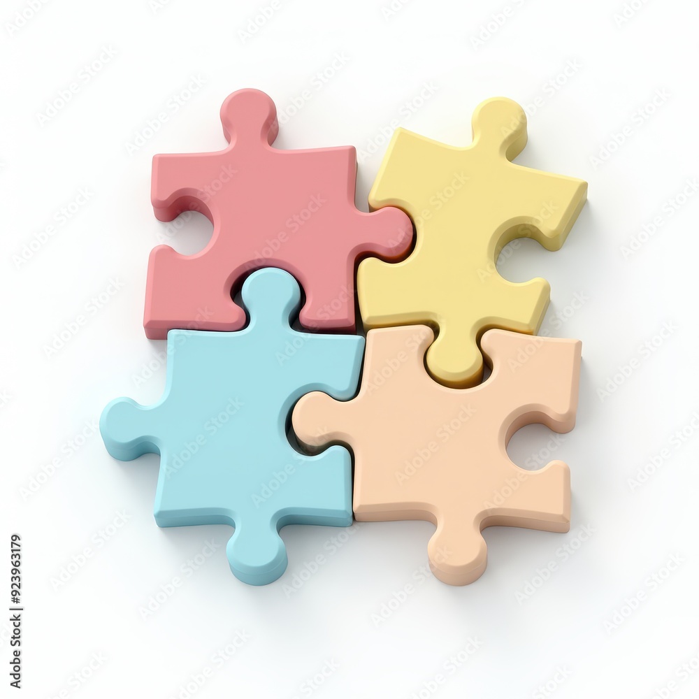 Close-up of four colorful interlocking puzzle pieces on a white background. Close-up of four colorful interlocking puzzle pieces on a white background.