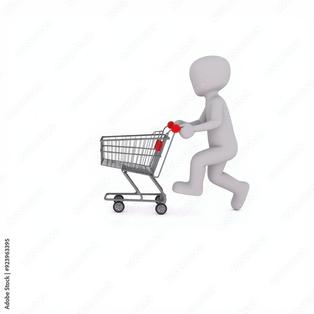 3D character pushing an empty shopping cart on a white background. 3D character pushing an empty shopping cart on a white background.