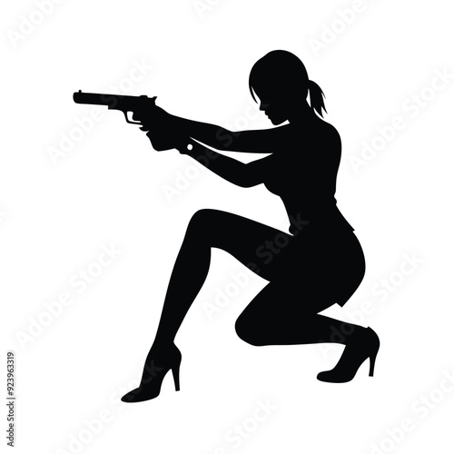 a lady killer woman holding a gun sitting with one leg and pointing the gun in aim, vector silhouette 