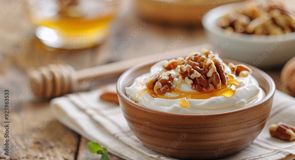 Creamy Yogurt Bowl With Honey and Nuts on Rustic Table Creamy Yogurt Bowl With Honey and Nuts on Rustic Table