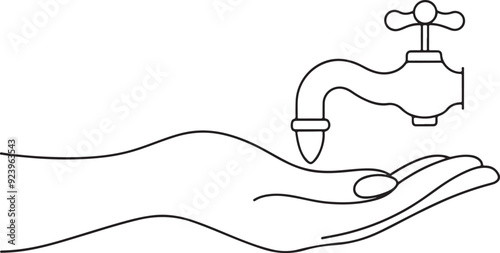 
hand holding a faucet continuous one line art drawing, vector illustration
