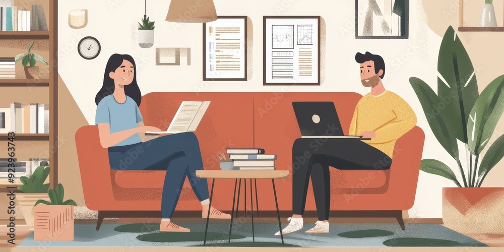 A couple planning their financial future in a cozy living room, with investment books, a laptop, and a hopeful, forward-looking atmosphere A couple planning their financial future in a cozy living room, with investment books, a laptop, and a hopeful, forward-looking atmosphere