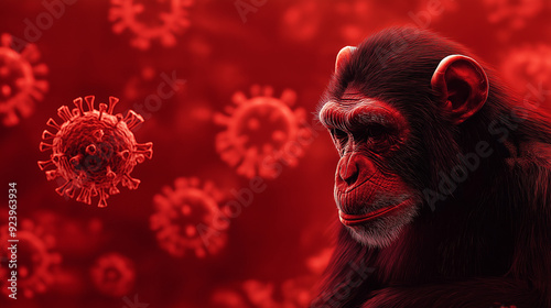 Chimpanzee facing red monkeypox virus particles, mpox outbreak visualization, primate and viral pathogen concept, zoonotic disease emergency illustration photo