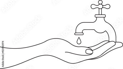 
hand holding a faucet continuous one line art drawing, vector illustration
