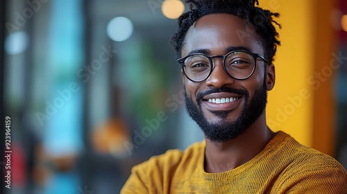 Entrepreneur explaining a tech-driven concept, right-aligned, pastel background, high resolution, 