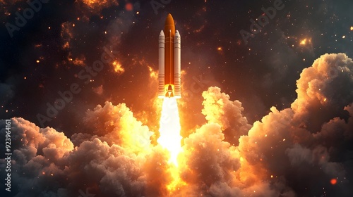 Powerful Rocket Spacecraft Lifting Off Into Vast Cosmic Space with Fiery Propulsion