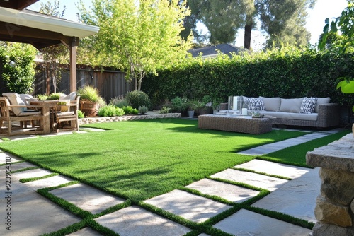 Turf Patio. Paver Patio with Astroturf. Green Patio with Fake Grass photo