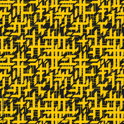 Trendy abstract geometric pattern with intersecting lines and blocks, creating an optical effect. Black pattern isolated on yellow background, modern and dynamic, streetwear calligraffiti style. photo