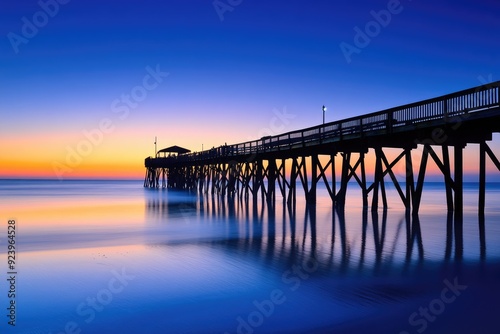 Wilmington North Carolina. Sunrise at Johnnie Mercers Fishing Pier in Wrightsville Beach with Atlantic Ocean Background photo