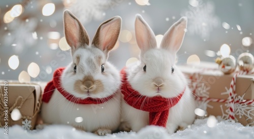 Two Cute Rabbits Wearing Red Scarves in a Festive Winter Setting With Snowy Background