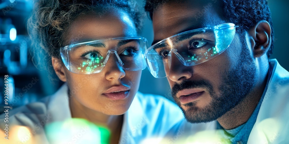 Two scientists in a close-up shot discussing nanotechnology over a glowing digital interface in a state-of-the-art lab their serious expressions showing innovation Two scientists in a close-up shot discussing nanotechnology over a glowing digital interface in a state-of-the-art lab their serious expressions showing innovation